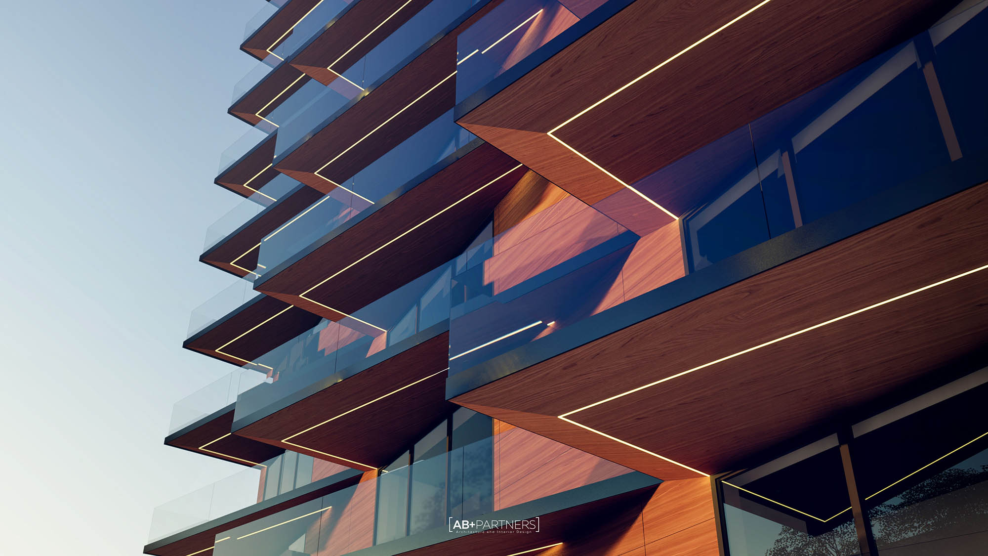 Proiect de complex rezidențial de lux cu design exterior din sticlă și panouri ce imită lemnul