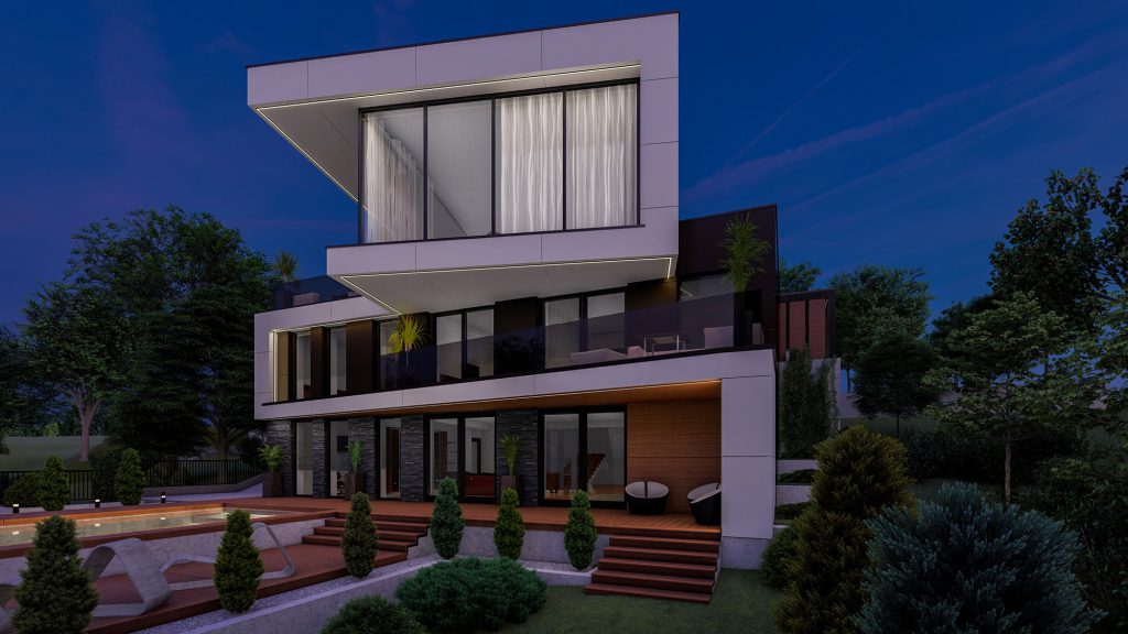Proiect arhitectural stilului modern in designul casei contemporane cu gradina in curte si bazin la aer liber