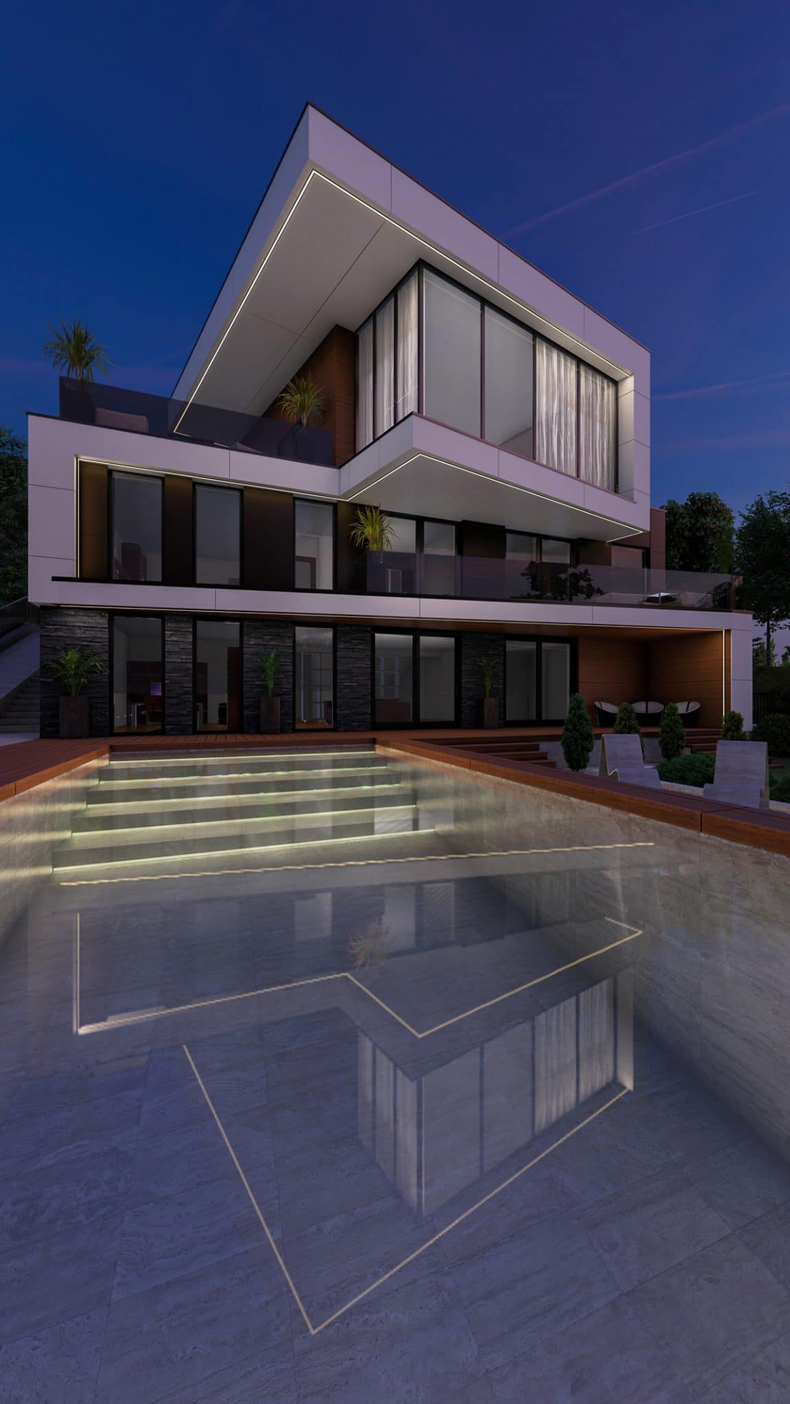 Proiect arhitectural stilului modern in designul casei contemporane cu bazin la aer liber