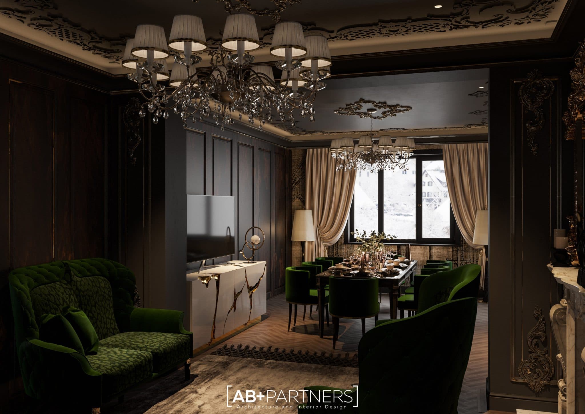 luxury desing interior pentru living room, sufragerie. Proiect de la ab+partners