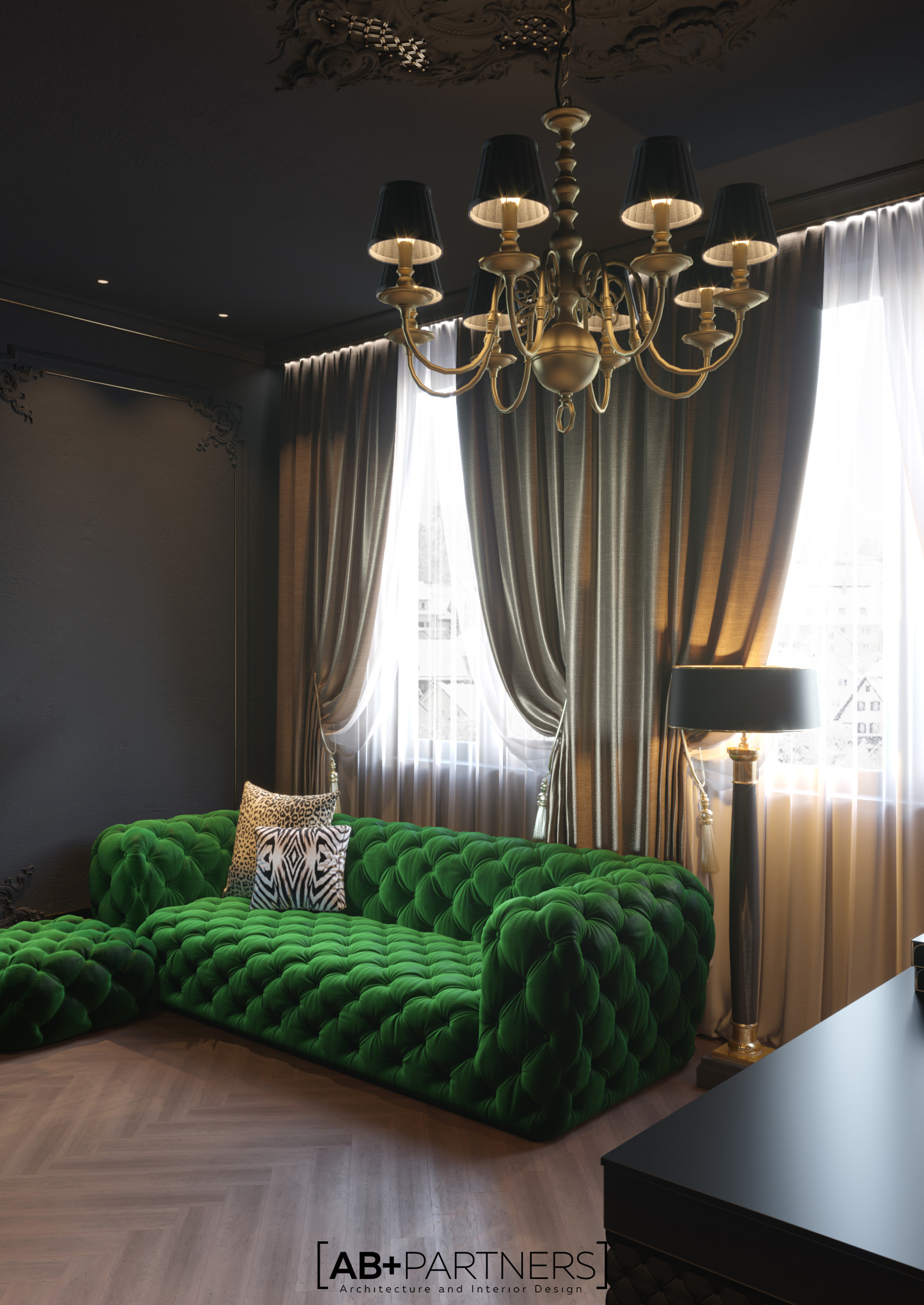 Canapea in culoarea verde pentru oficiu de acasa, proiect de design de la ab+partners